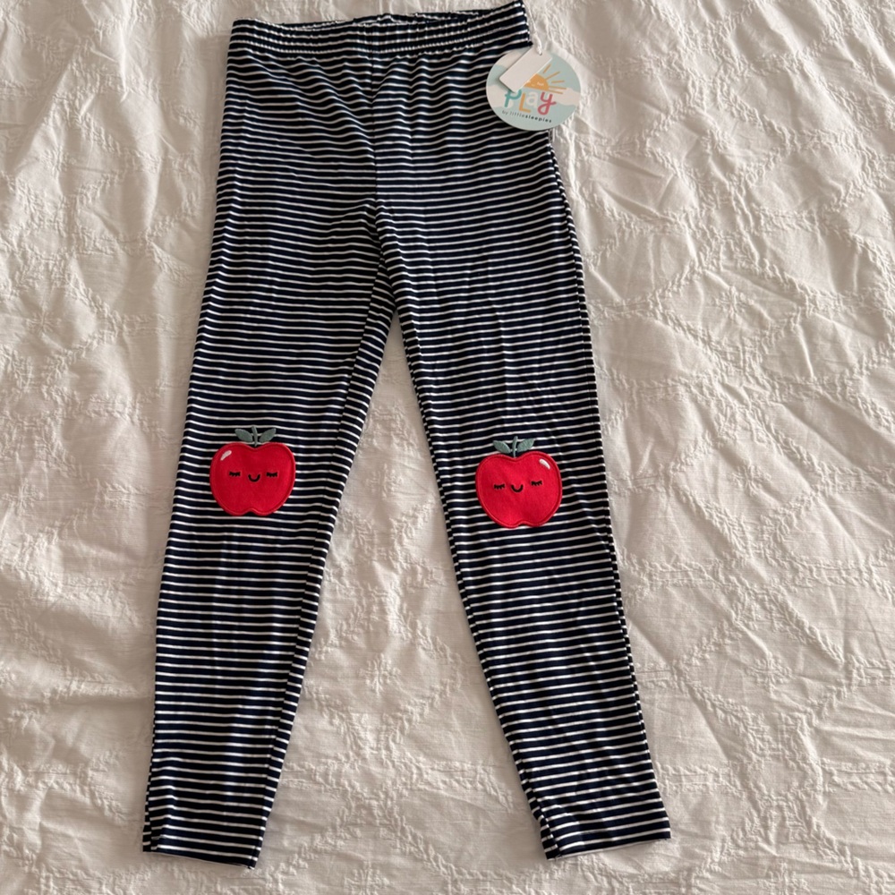 Little Sleepies Black and White Striped Leggings with Red Apple Accents